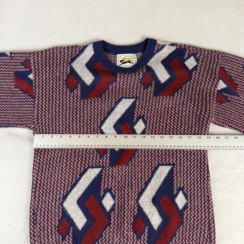 Vintage Le Tigre Mens Medium Geometric Abstract Knit Sweater USA Made Blue Red